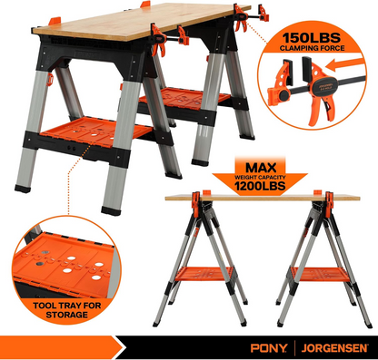 2-Pack Clamping Sawhorses, 1200 LBS Load Capacity